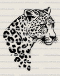 Leopard head tattoo stencil instant download, bold leopard face with rosette spots and drip trail, printable PNG JPG PDF for tattooers