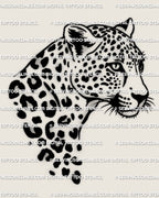 Leopard head tattoo stencil instant download, bold leopard face with rosette spots and drip trail, printable PNG JPG PDF for tattooers