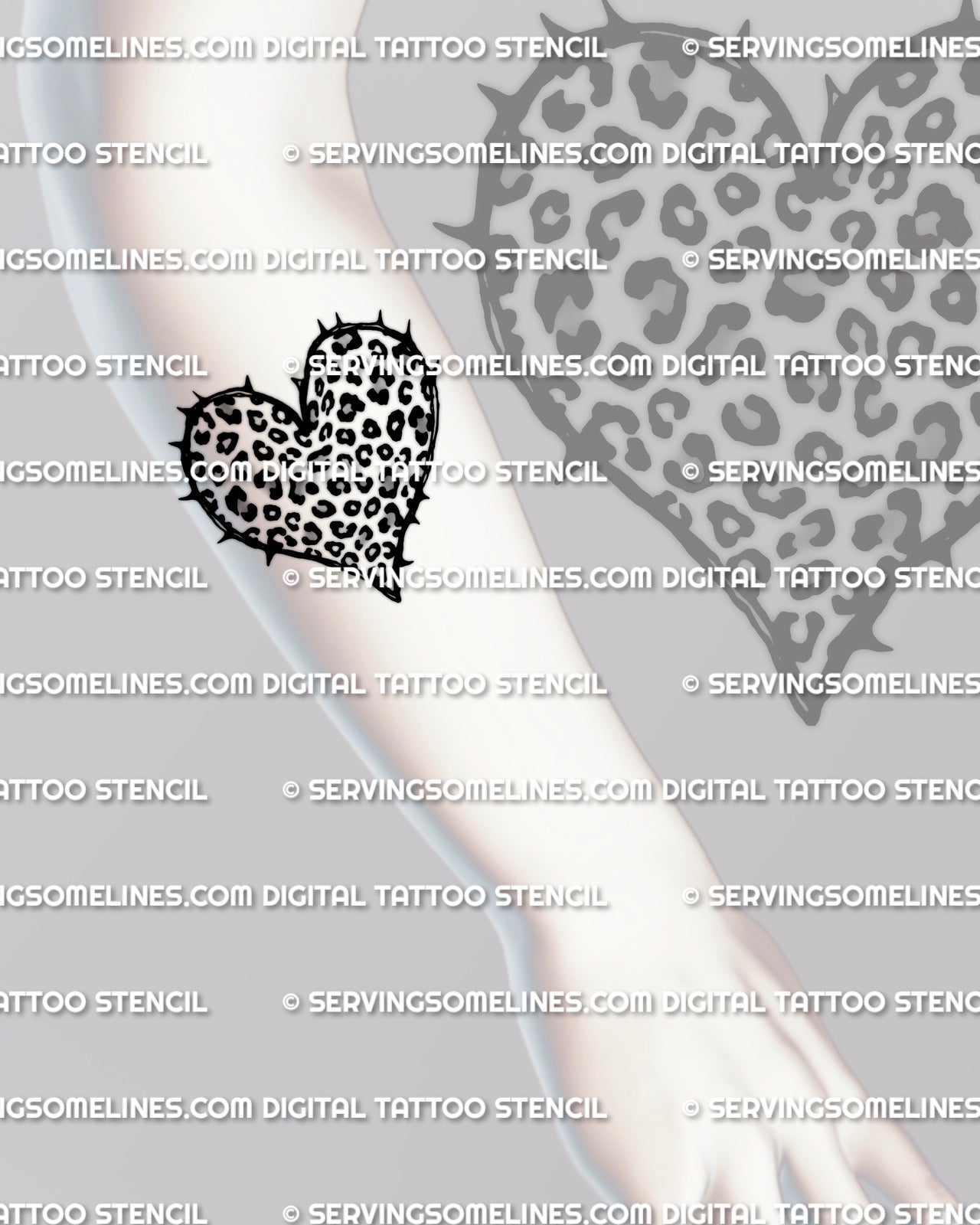 Heart leopard print tattoo forearm placement preview, leopard rosette heart stencil design shown as a printable tattoo stencil download.