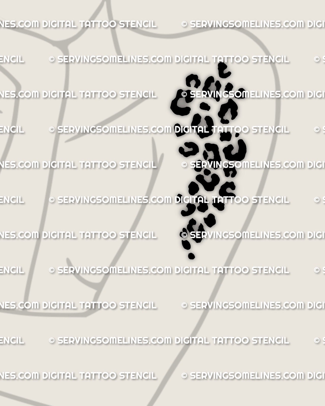 Leopard print arm tattoo stencil placement example, rosette spot animal print coverage pattern, stencil file download PNG JPG PDF.