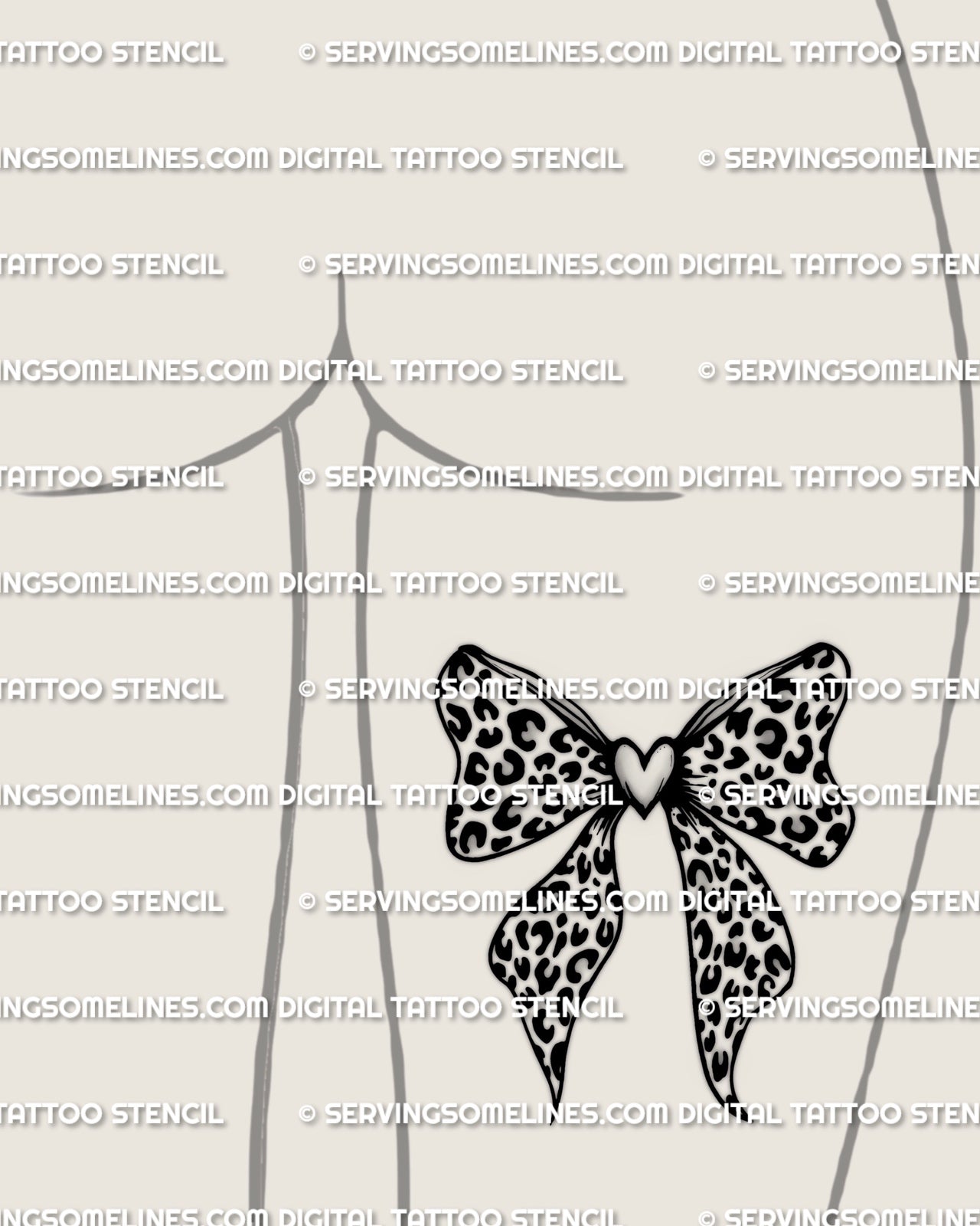 Leopard print bow tattoo on back of thigh mockup, animal print bow stencil design sized for thigh placement, crisp rosette fill.