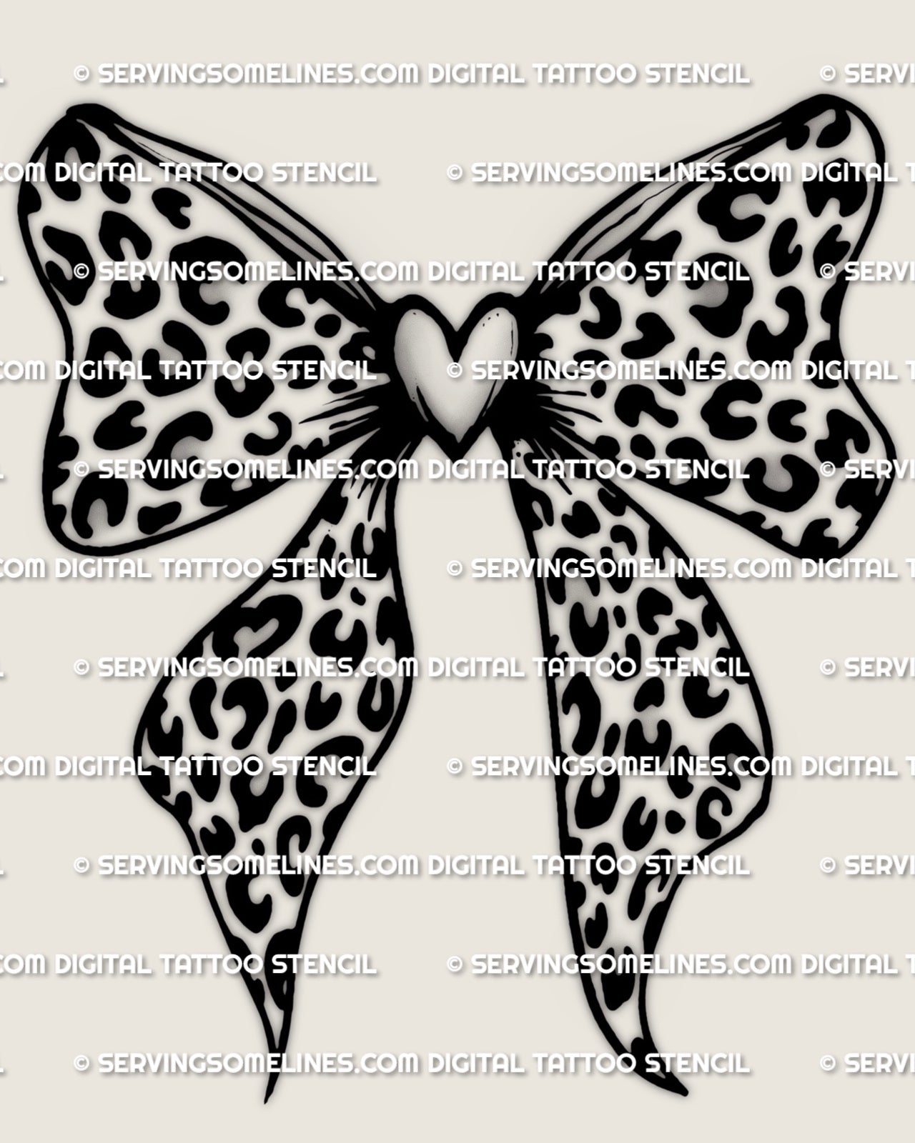 Leopard print bow tattoo stencil digital download, bow outline filled with leopard rosette spots, clean stencil ready design.