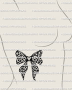 Leopard print bow tattoo on side breast ribs mockup, small to medium bow stencil with leopard rosette pattern, clean outline.