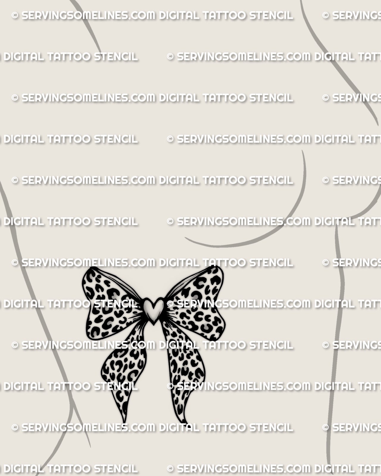 Leopard print bow tattoo on side breast ribs mockup, small to medium bow stencil with leopard rosette pattern, clean outline.