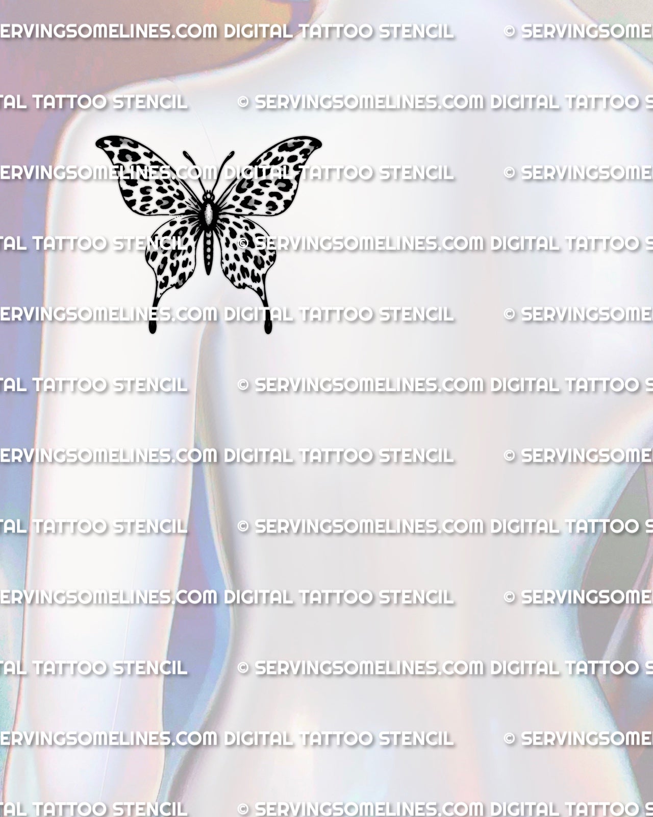 Back shoulder placement preview of leopard print butterfly tattoo stencil, clean butterfly wings with leopard spot rosettes, tattoo stencil download for artist