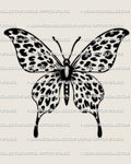 Leopard print butterfly tattoo stencil design, butterfly wings filled with leopard rosette spots, downloadable PNG PDF stencil files for tattoo transfer