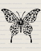 Leopard print butterfly tattoo stencil design, butterfly wings filled with leopard rosette spots, downloadable PNG PDF stencil files for tattoo transfer