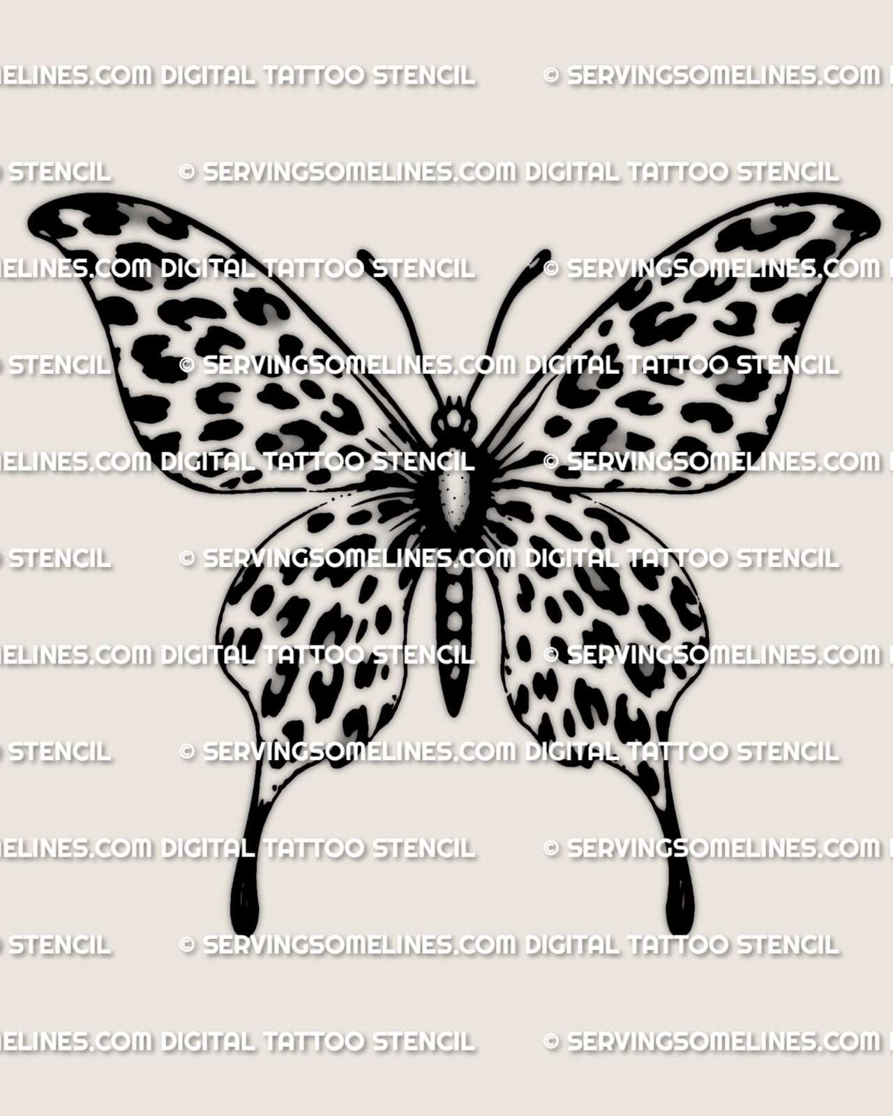 Leopard print butterfly tattoo stencil design, butterfly wings filled with leopard rosette spots, downloadable PNG PDF stencil files for tattoo transfer