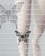Under knee leg placement preview for leopard print butterfly tattoo stencil, butterfly wing silhouette with leopard rosette pattern, printable tattoo stencil files
