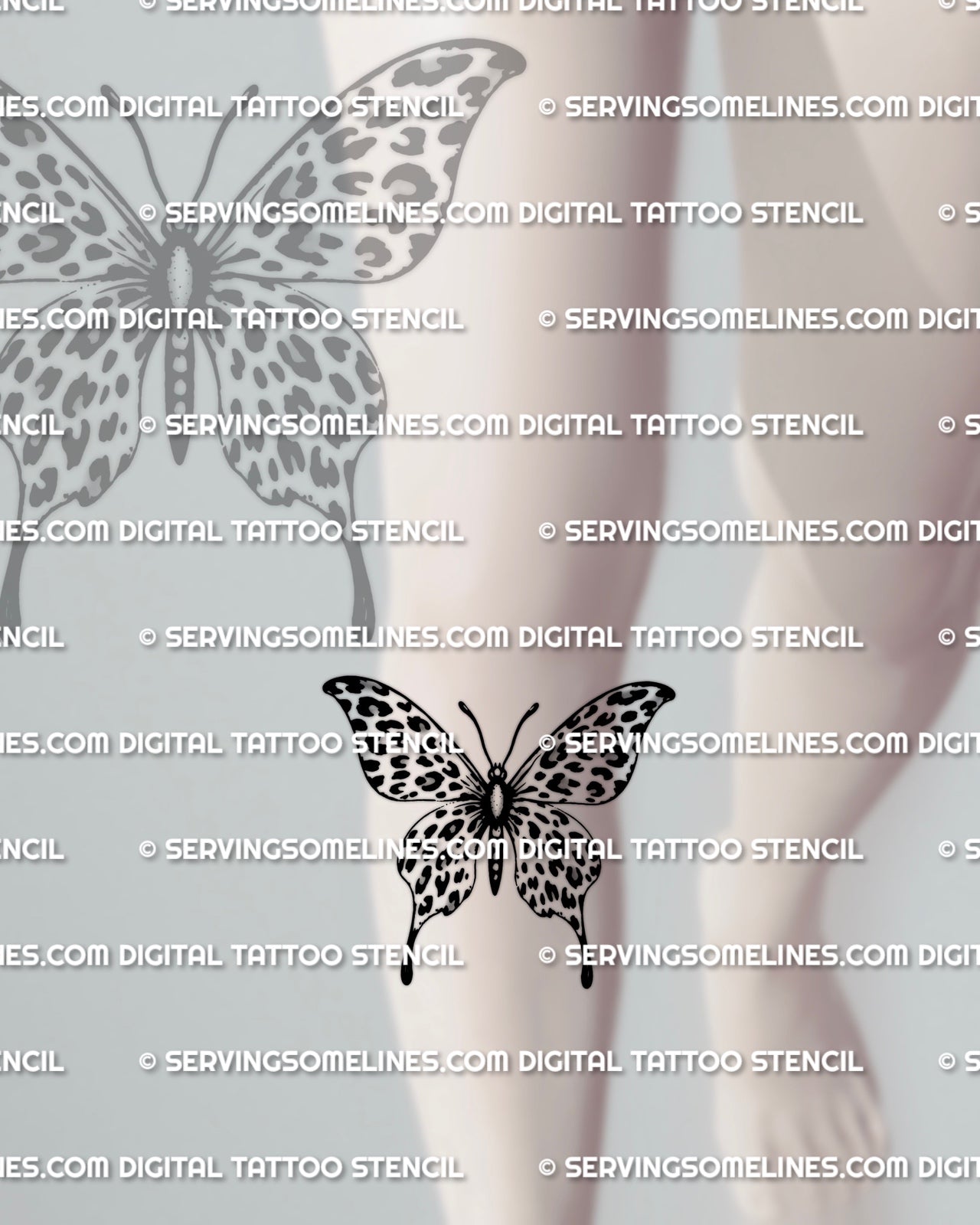 Under knee leg placement preview for leopard print butterfly tattoo stencil, butterfly wing silhouette with leopard rosette pattern, printable tattoo stencil files