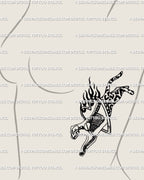 Feminine side-breast tattoo mockup showing weirdcore cheetah leaping through flaming heart hoop, part skeleton, part leopard print. 