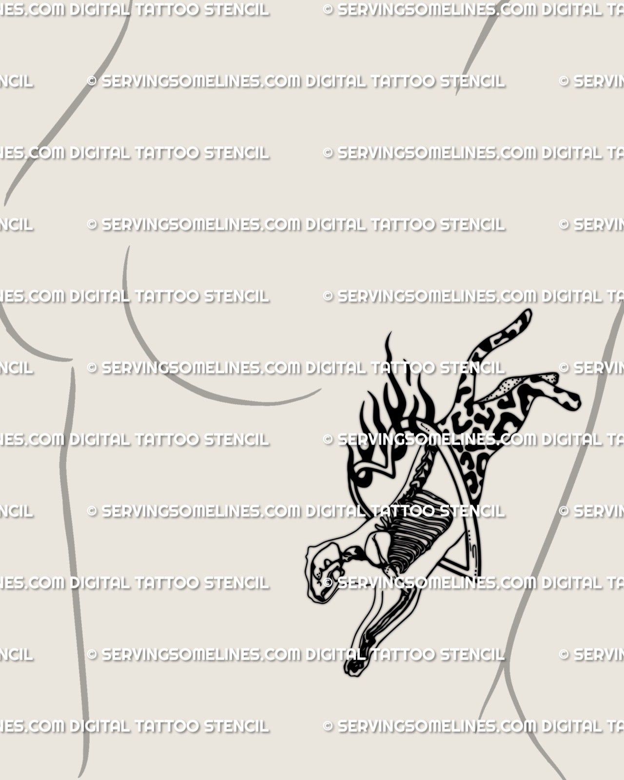 Feminine side-breast tattoo mockup showing weirdcore cheetah leaping through flaming heart hoop, part skeleton, part leopard print. 