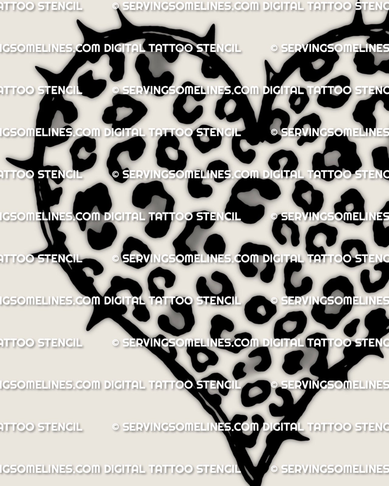 Leopard print heart tattoo stencil download, clean heart outline filled with leopard rosette spots, printable PNG PDF for tattoo stencil transfer.