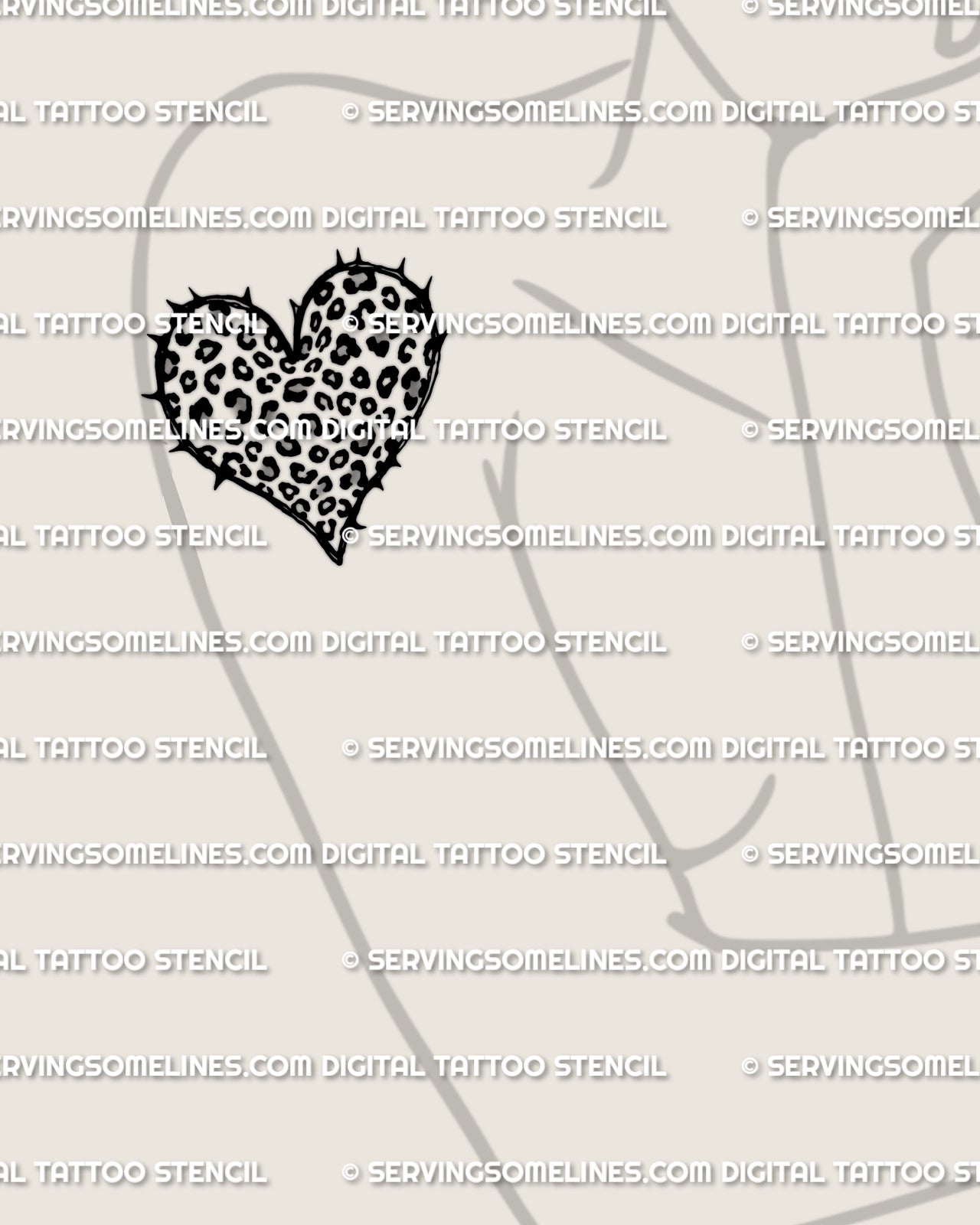 Leopard print heart tattoo women’s upper arm placement idea, leopard rosette heart stencil download built for readable lines and clean transfer.