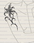 Leopard print lily tattoo stencil displayed on feminine arm mockup, bold lily petals with leopard rosettes inside, digital download files for tattooer use.