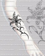 Leopard print lily tattoo on forearm placement example, clear lily silhouette with leopard rosette fill kept inside petals, printable stencil download.