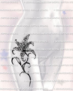 Leopard print lily tattoo shown on women’s hip placement, lily bloom with leopard rosette petal fill, tattoo stencil download for sizing and transfer.