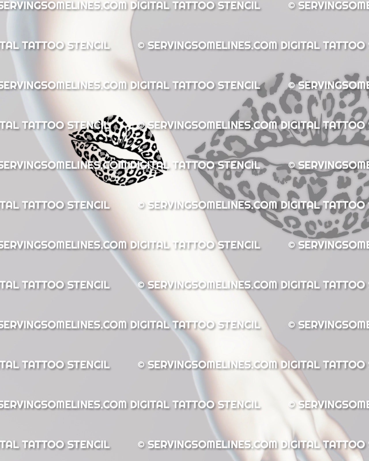 Leopard print lips tattoo on forearm placement example, rosette spot lips stencil, instant download files.