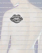 Leopard print lips tattoo on men’s shoulder placement example, animal print lips stencil, printable download.