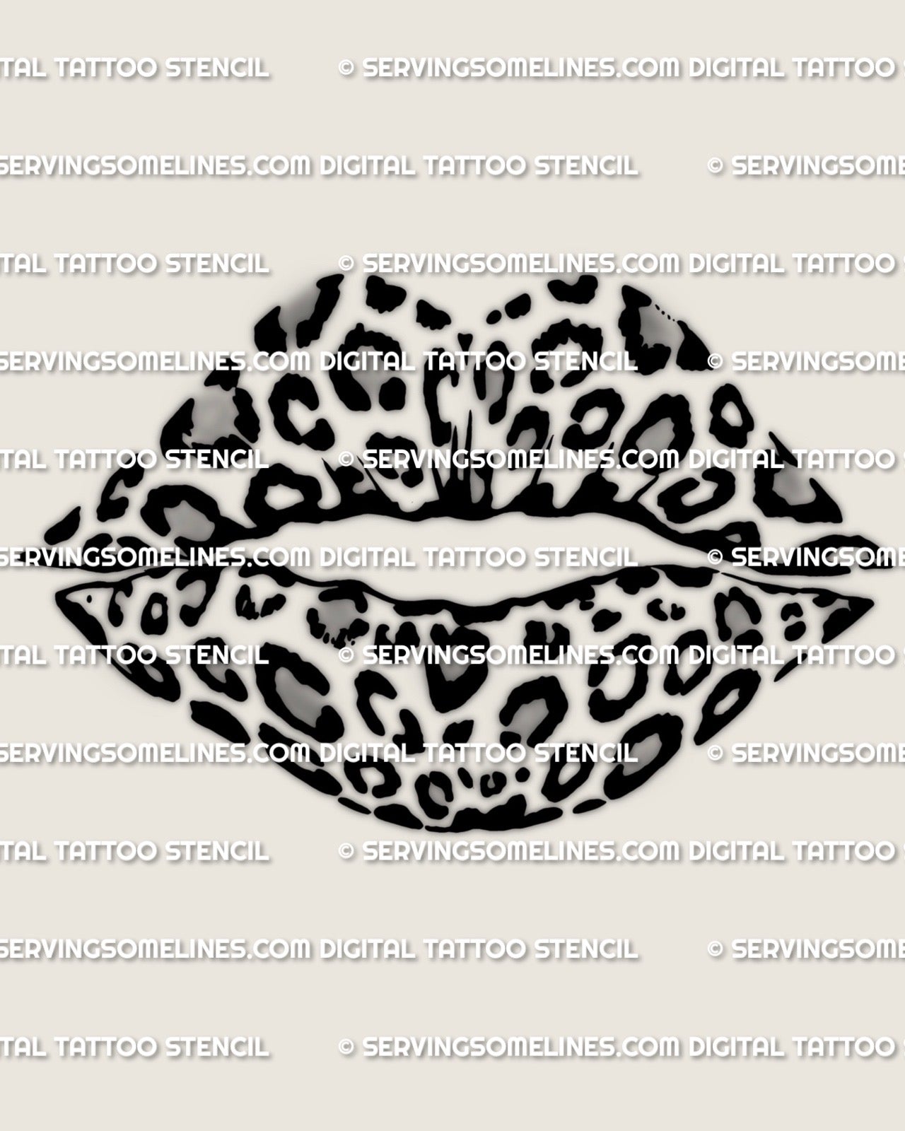 Leopard print lips tattoo stencil design, bold lips outline filled with rosette spots, digital download.