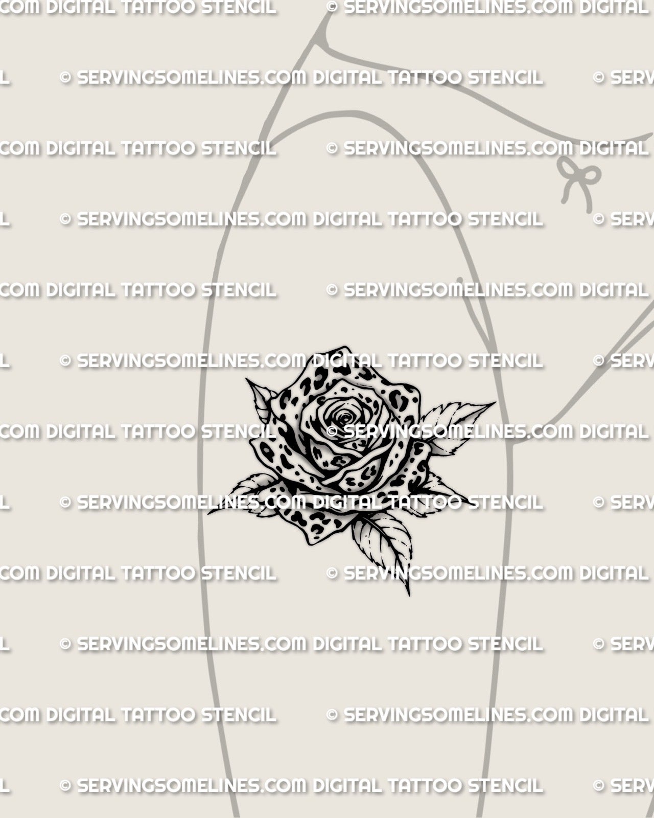 leopard print rose tattoo design stencil on feminine thigh, high contrast rose head with leopard rosette pattern, digital download