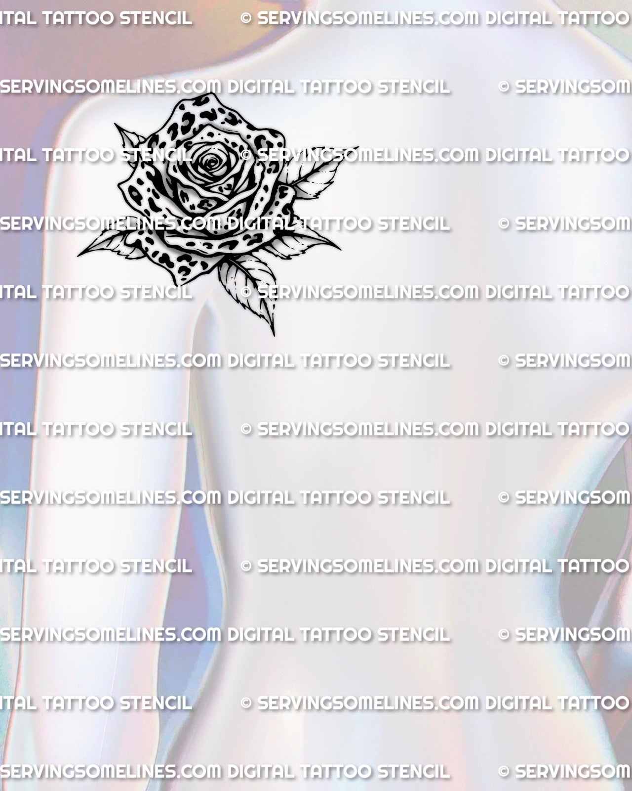 leopard print rose tattoo stencil on back of shoulder, rose petal silhouette with leopard rosette fill, printable tattoo stencil files