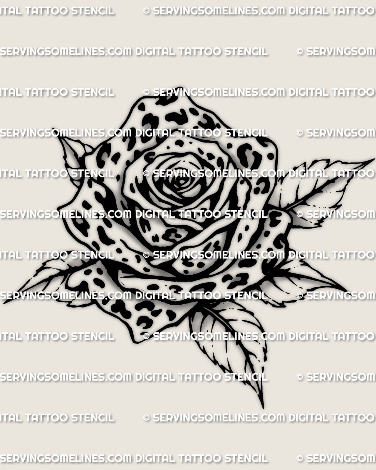 leopard print rose tattoo stencil design, rose petals filled with leopard rosette spots, digital download for stencil printing