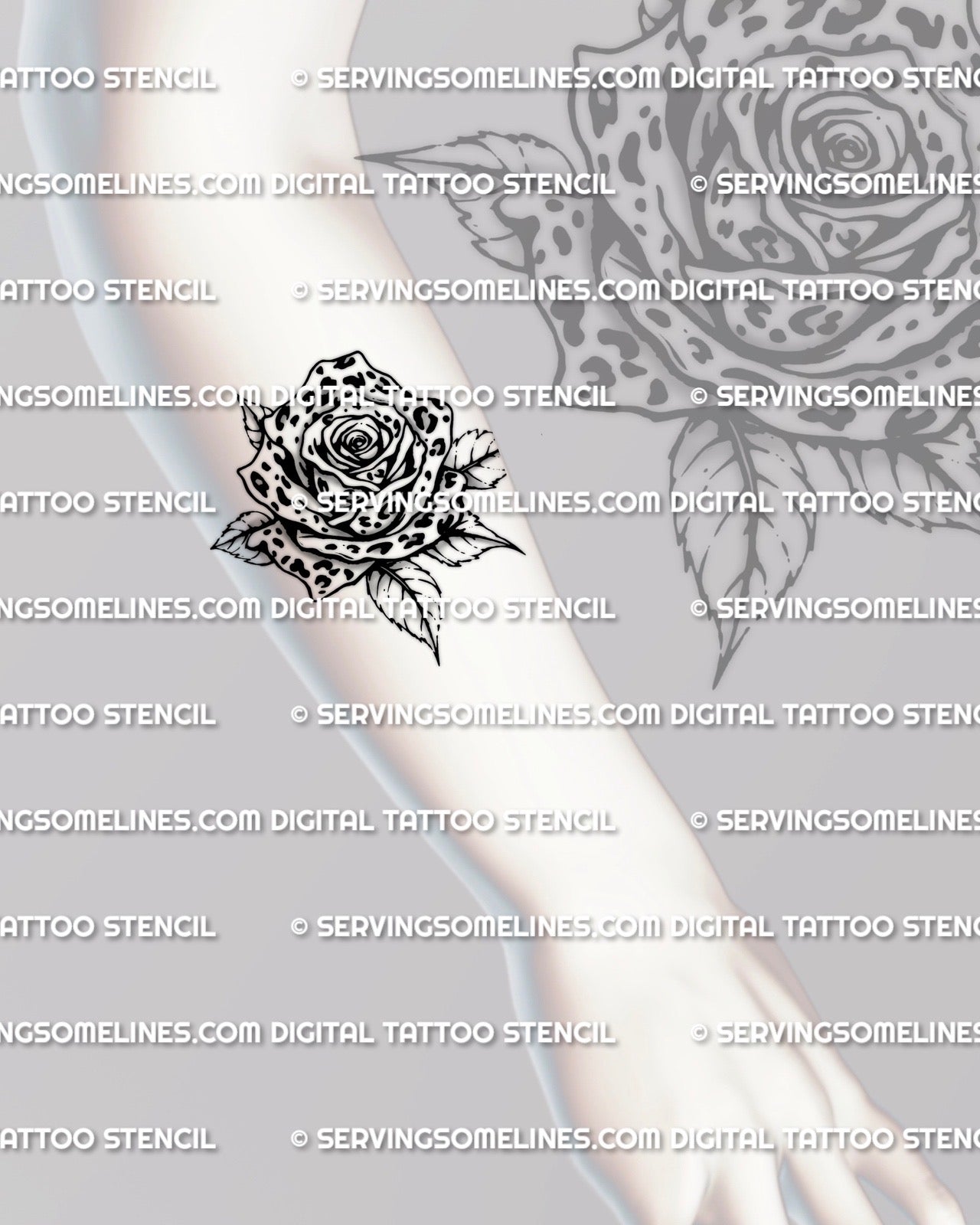 leopard print rose tattoo stencil forearm placement, rose head with leopard rosettes inside petals, tattoo stencil download