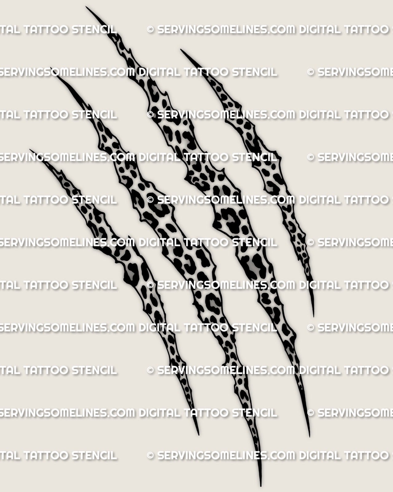 Leopard print scratch tattoo stencil design with 4 claw slashes revealing leopard rosettes, instant download PNG JPG PDF