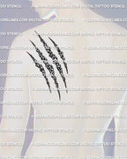 Leopard print scratch tattoo stencil shown on mens back shoulder placement, 4 scratch marks reveal leopard spots, stencil download