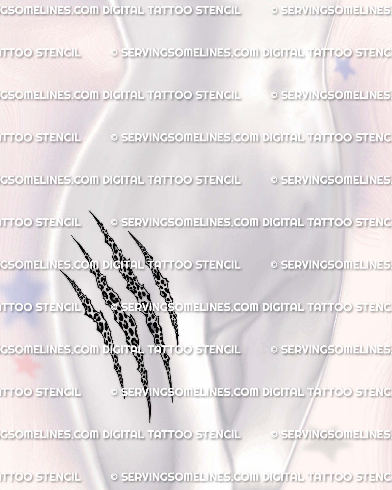 Leopard print scratch tattoo stencil shown on womens hip placement, ripped claw marks with leopard pattern, printable tattoo file
