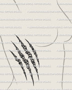Leopard print scratch tattoo stencil shown on womens ribs placement, diagonal claw scratch reveal with leopard rosettes, PNG JPG PDF