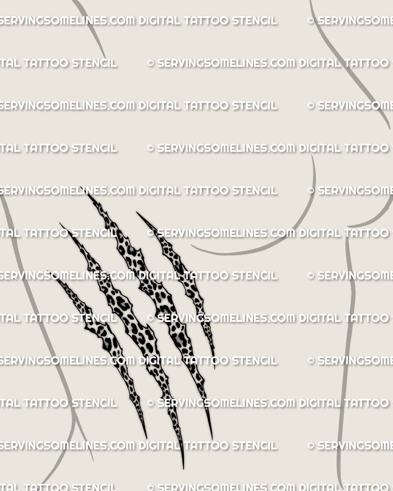 Leopard print scratch tattoo stencil shown on womens ribs placement, diagonal claw scratch reveal with leopard rosettes, PNG JPG PDF