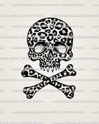Leopard print skull tattoo stencil design, skull filled with leopard rosette spots, digital download PNG JPG PDF for stencil transfer.