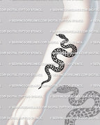 Leopard print snake tattoo forearm placement example, vertical coiled snake with rosette spots, stencil download PNG PDF.