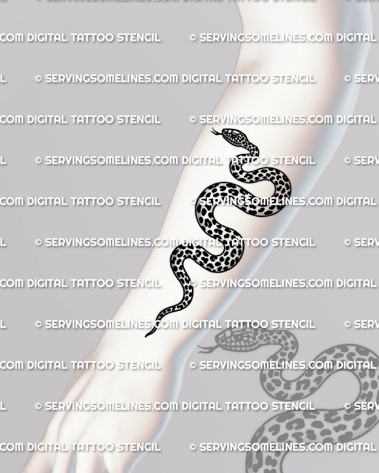 Leopard print snake tattoo forearm placement example, vertical coiled snake with rosette spots, stencil download PNG PDF.