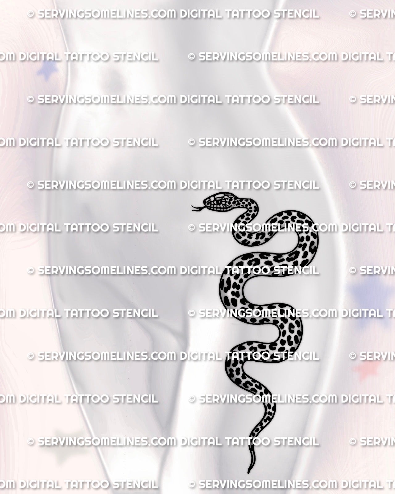 Leopard print snake tattoo on hip placement example, coiled snake silhouette with rosette spots, stencil download files.