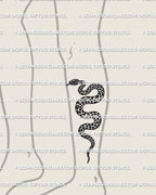 Leopard print snake tattoo on lower leg placement example, long coiled snake with rosette spots, stencil download.