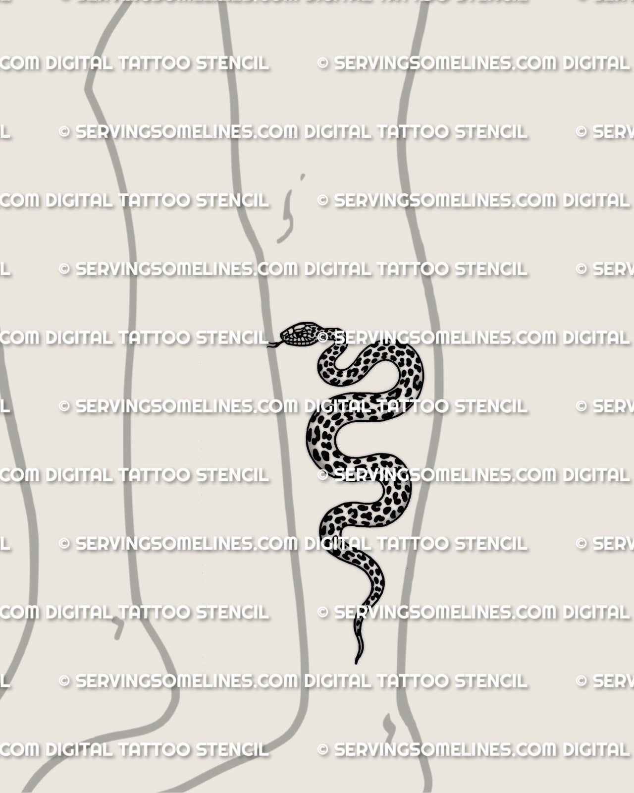 Leopard print snake tattoo on lower leg placement example, long coiled snake with rosette spots, stencil download.