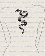 Leopard print snake tattoo spine placement example, tall coiled snake with rosette spots, stencil download PNG JPG PDF.