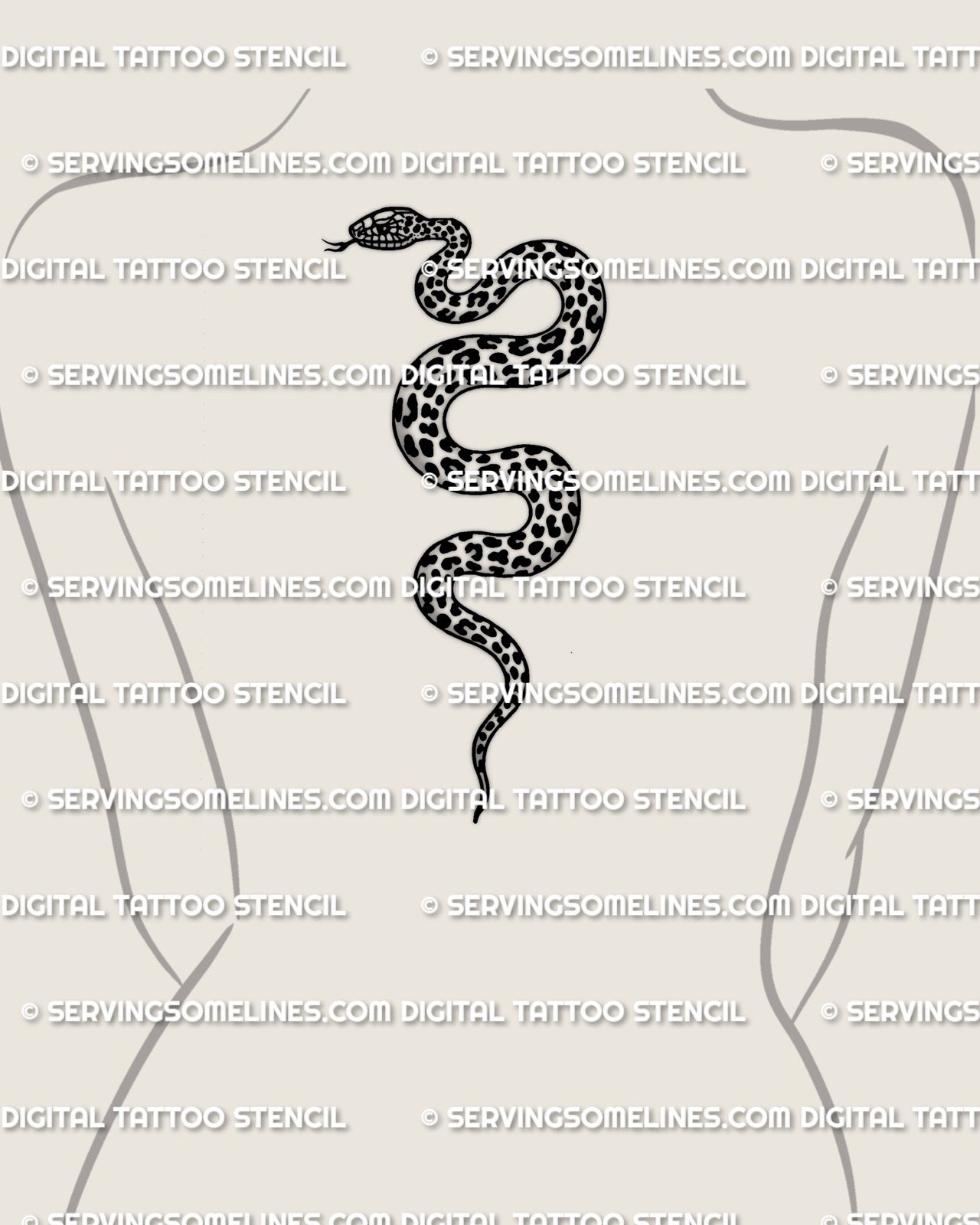 Leopard print snake tattoo spine placement example, tall coiled snake with rosette spots, stencil download PNG JPG PDF.