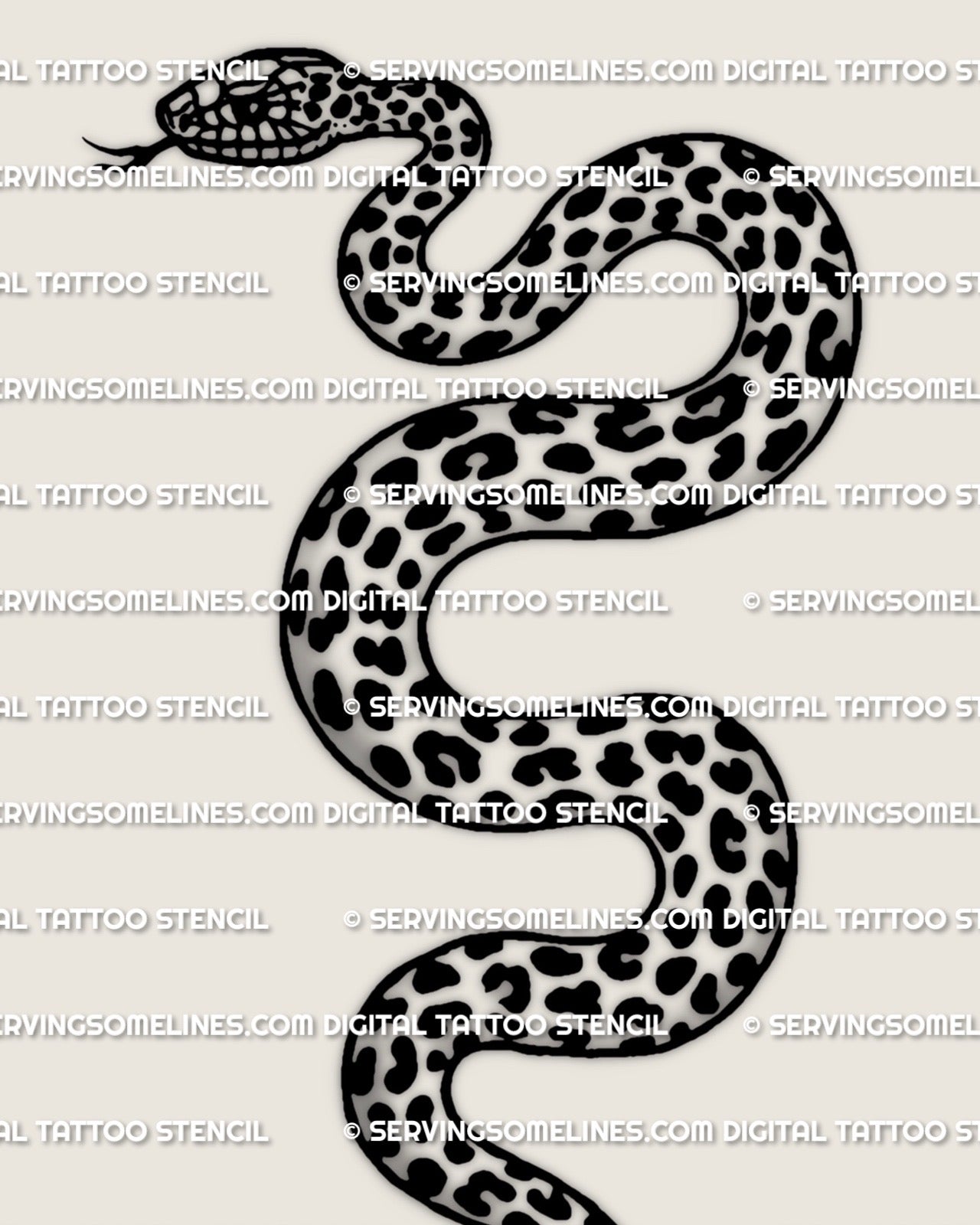 Leopard print snake tattoo stencil download, long coiled snake with rosette spots, clean PNG stencil file for printing.