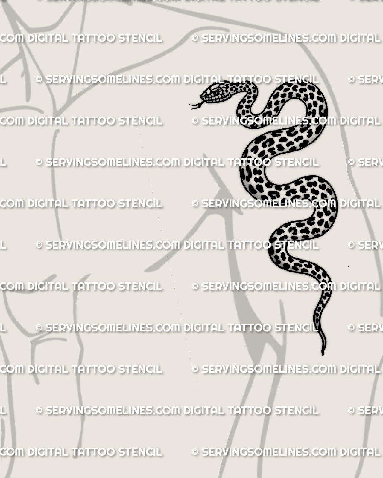 Leopard snake tattoo upper arm placement example, coiled snake filled with rosette spots, tattoo stencil download.