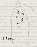 Libra constellation tattoo stencil, shown on women’s front thigh hip placement, minimal star constellation design