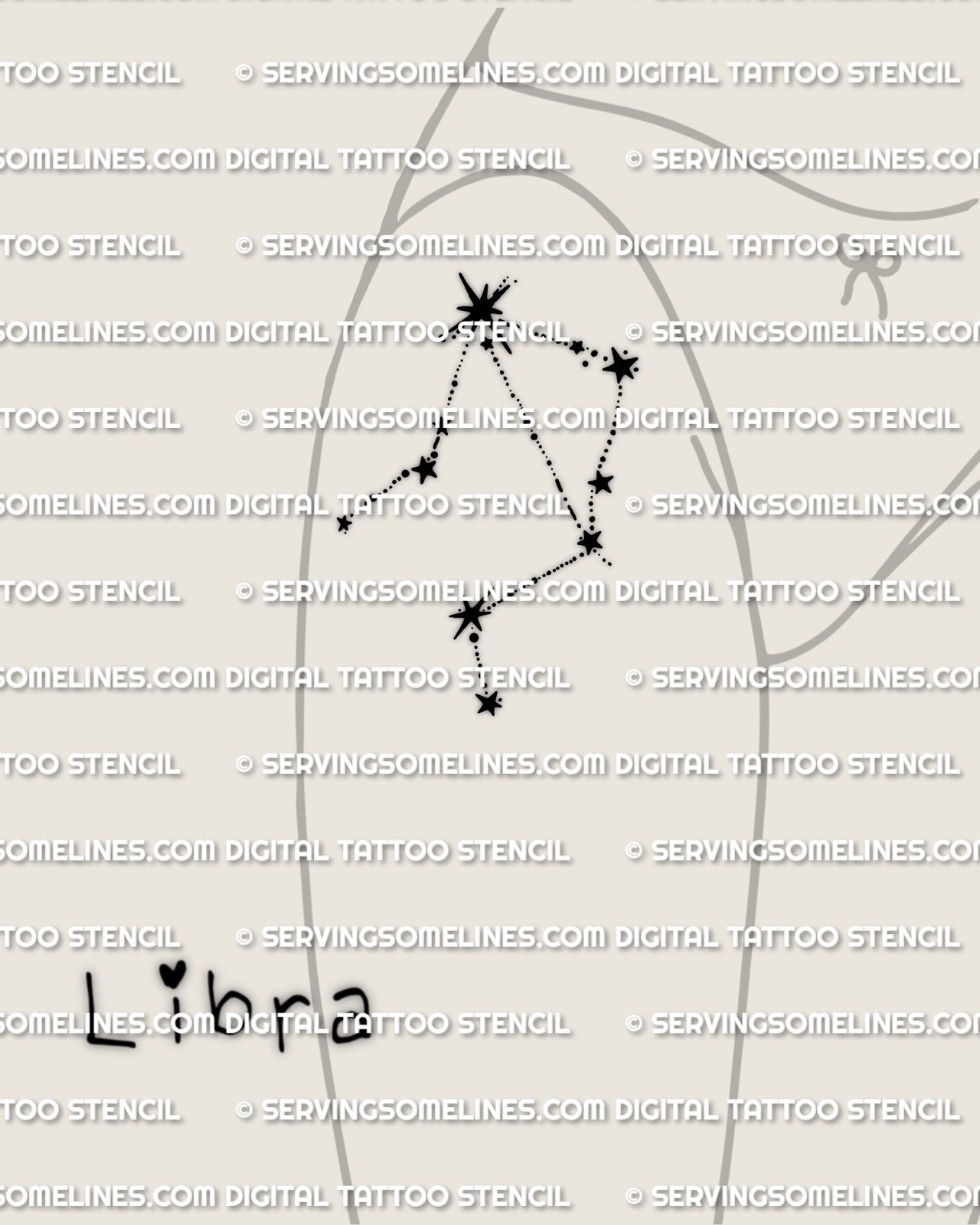 Libra constellation tattoo stencil, shown on women’s front thigh hip placement, minimal star constellation design
