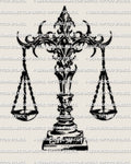 Libra scales tattoo stencil design, blackwork emblem with ornate crossbar and hanging pans, subtle gothic edge