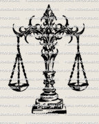 Libra scales tattoo stencil design, blackwork emblem with ornate crossbar and hanging pans, subtle gothic edge