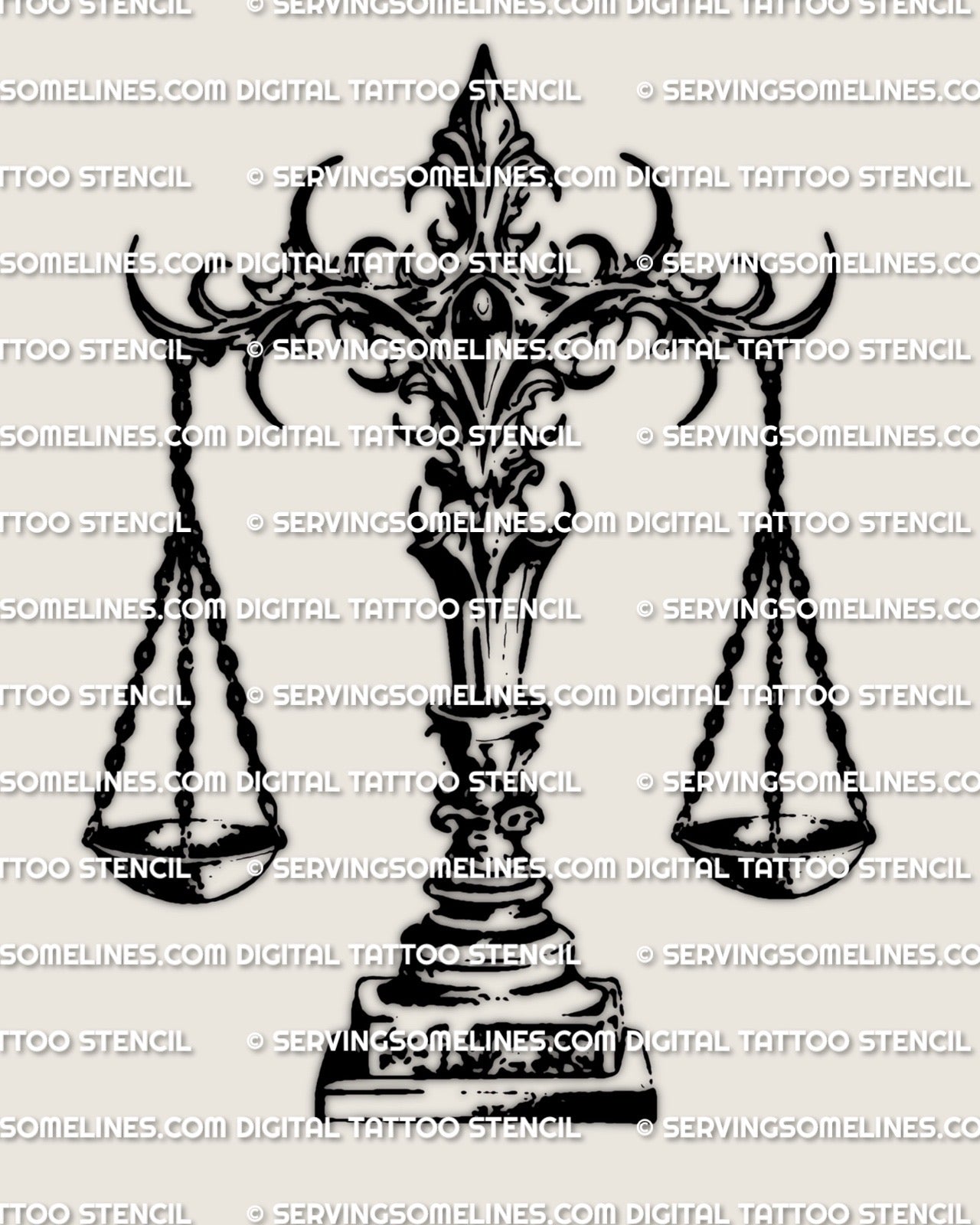 Libra scales tattoo stencil design, blackwork emblem with ornate crossbar and hanging pans, subtle gothic edge