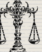 Close view of Libra scales tattoo stencil, blackwork line details on ornate crossbar and balanced pans