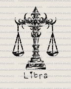 Libra scales tattoo stencil instant download with Libra lettering, blackwork zodiac emblem, ornate crossbar and hanging pans